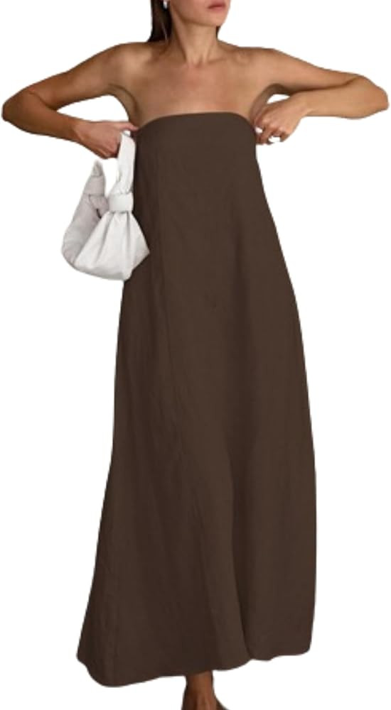 Aesthetic Dress Strapless Linen Maxi Dress Linen A-Line Strapless Dress for Vacation and Going Ou... | Amazon (US)