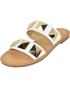 Soda Shoes Women's Sandals Double Strap Flip Flops Slides Large Gold Studded CETUS-S | Amazon (US)
