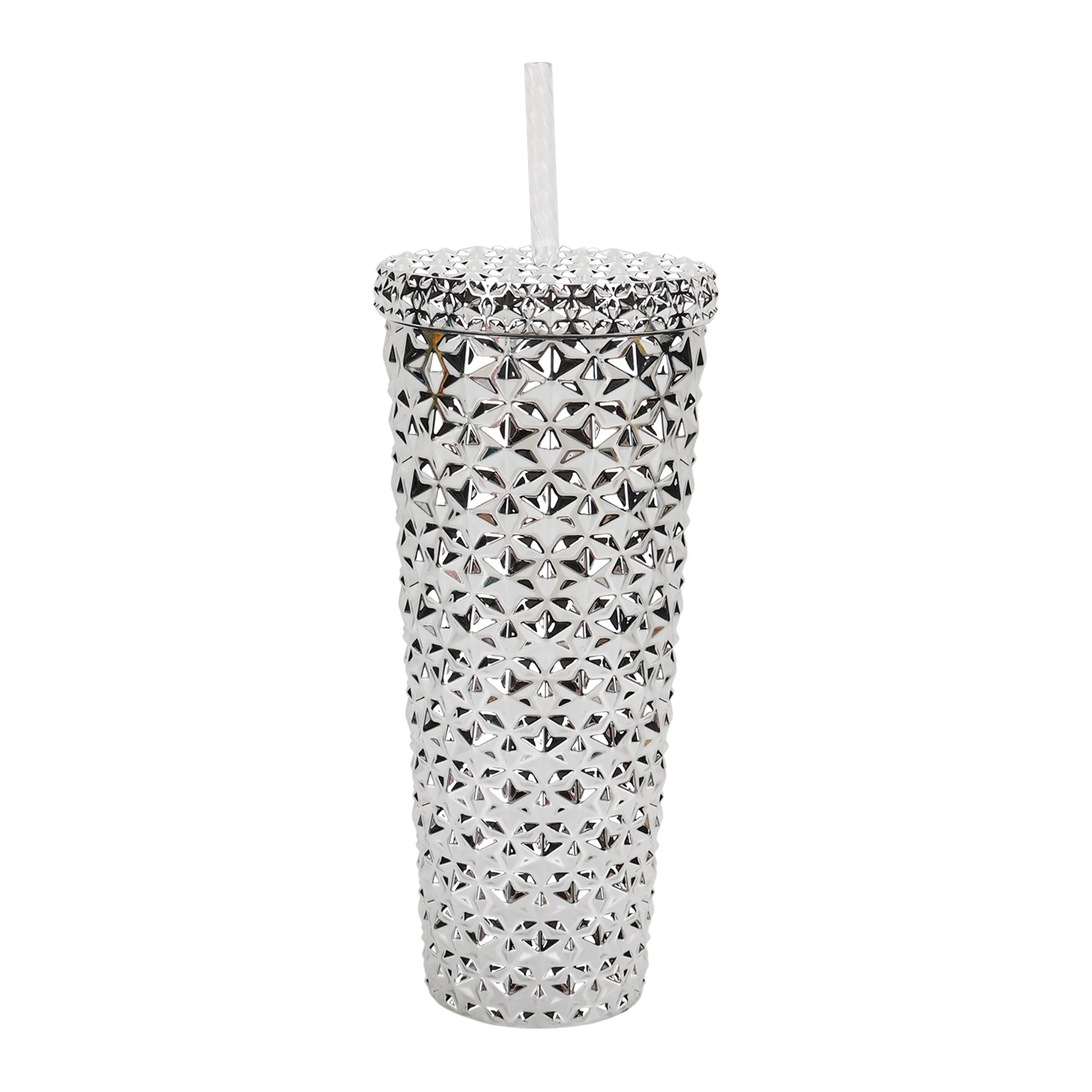 Holiday Time 26 oz Plastic Double Wall Insulated Textured Tumbler with Straw, Silver Metallic | Walmart (US)