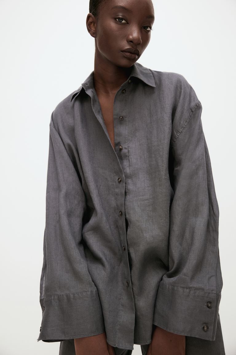 Oversized linen shirt - Dark grey - Ladies | H&M GB | H&M (UK, MY, IN, SG, PH, TW, HK)