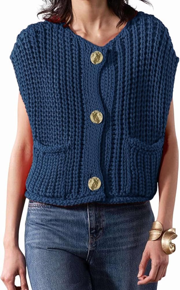 Women's Fashionable Sleeveless Short Knitted Sweater Vest Button Cardigan with Pockets | Amazon (US)