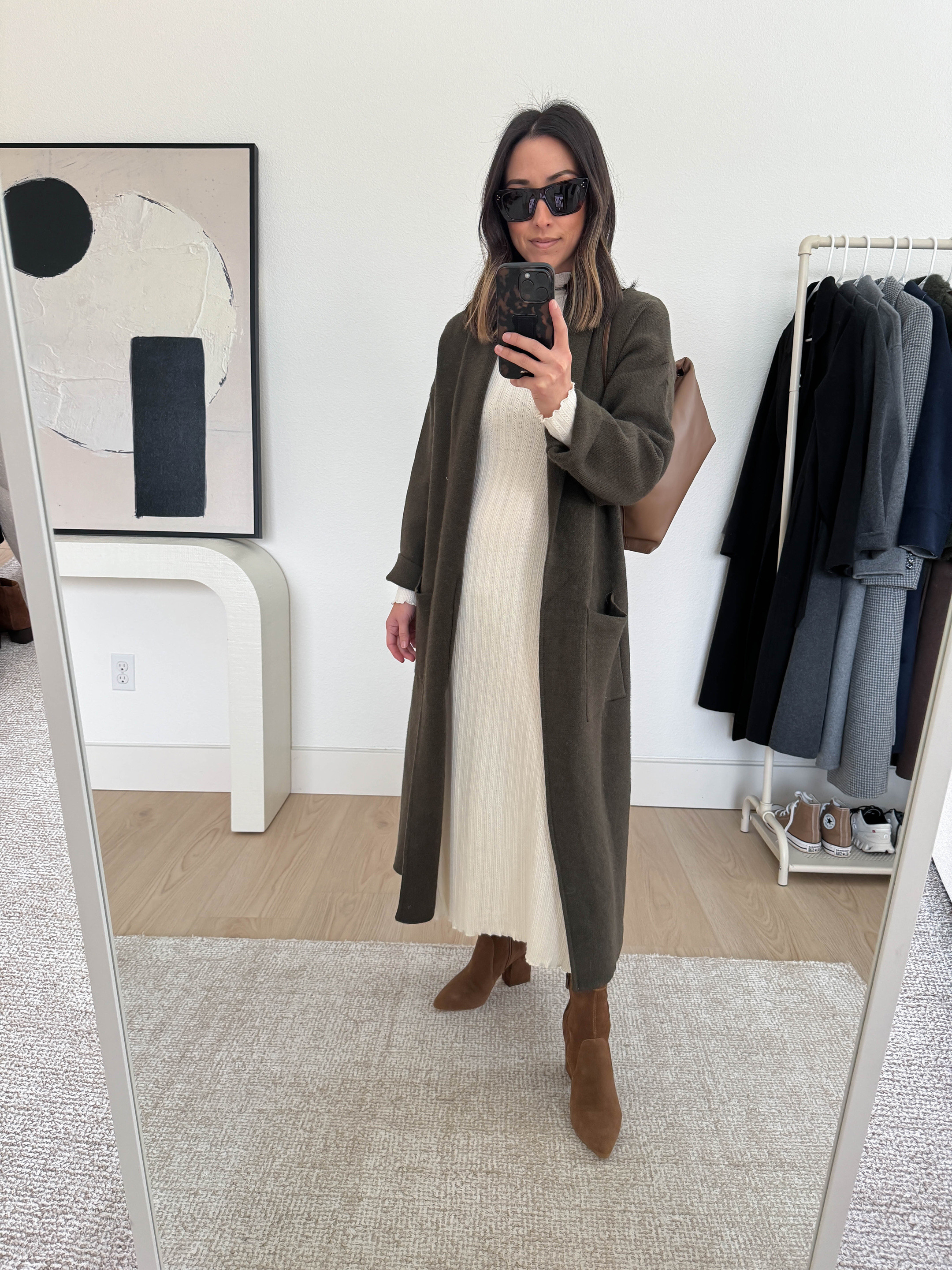Thanksgiving outfit ideas. Fall outfit ideas. Fall sweater dress. Dress is old Mango

Mango coatigan xs
Mango dress xs (old)
Loeffler Randall boots 36
Mansur Gavriel bag (old)
Celine sunglasses

#LTKItBag #LTKHoliday #LTKSeasonal