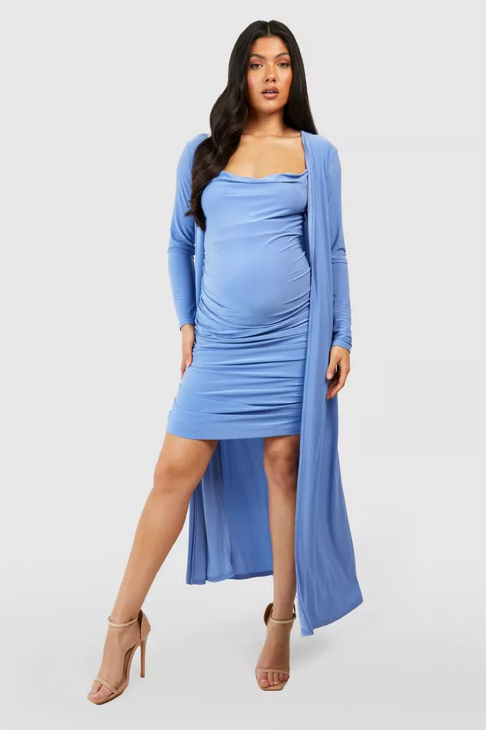 Maternity Strappy Cowl Neck Mini Dress And Duster Coat Baby Shower Maternity Dress Blue Bump Dress | Boohoo.com (US & CA)