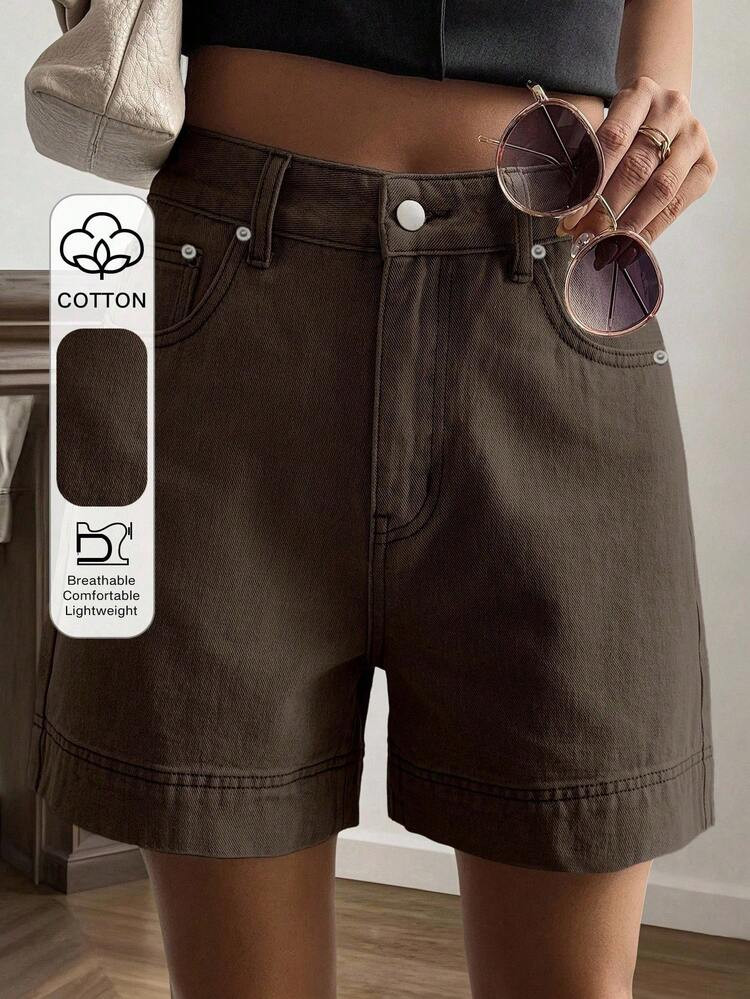 Livesso High Waist Casual Solid Color Women's Denim Shorts Jorts | SHEIN