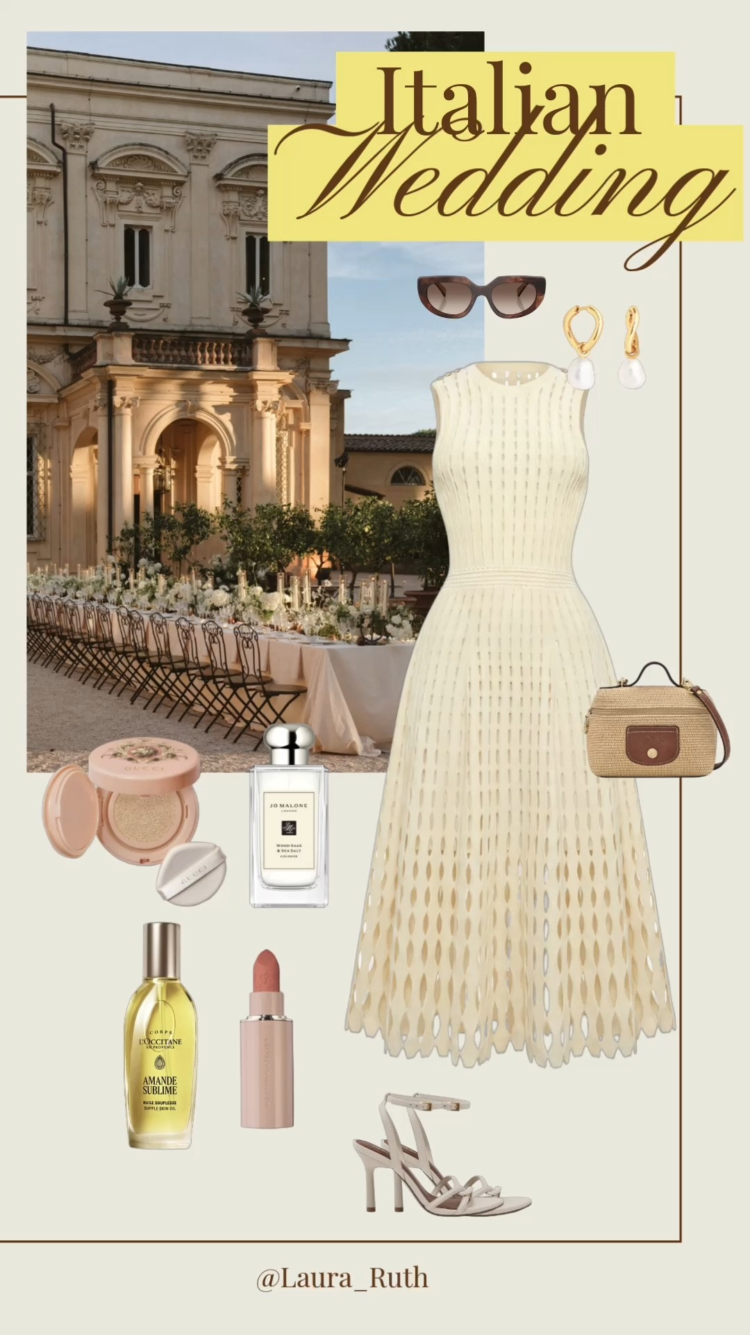 Italian villa wedding guest inspiration 🇮🇹✨ An elegant soft yellow dress paired with timeless accessories, glowing skin essentials & effortless beauty. Think candlelit courtyards, golden hour drinks & unforgettable celebrations under the Tuscan sky. 🥂🍋wedding guest dress summer, summer wedding, vineyard wedding, butter yellow @Holland Cooper

#LTKsummer #LTKwedding #LTKdresses