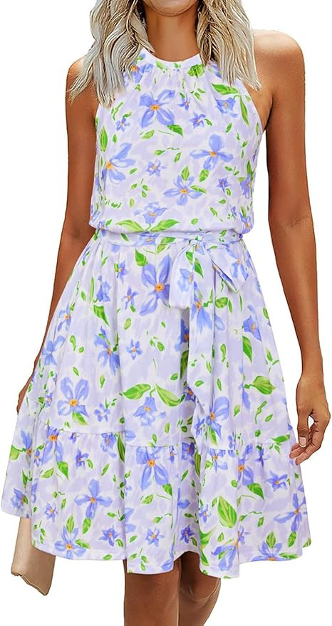 Newshows Womens 2025 Summer Dress Halter Wedding Guest Casual Beach Vacation Outfits Belted Sundr... | Amazon (US)