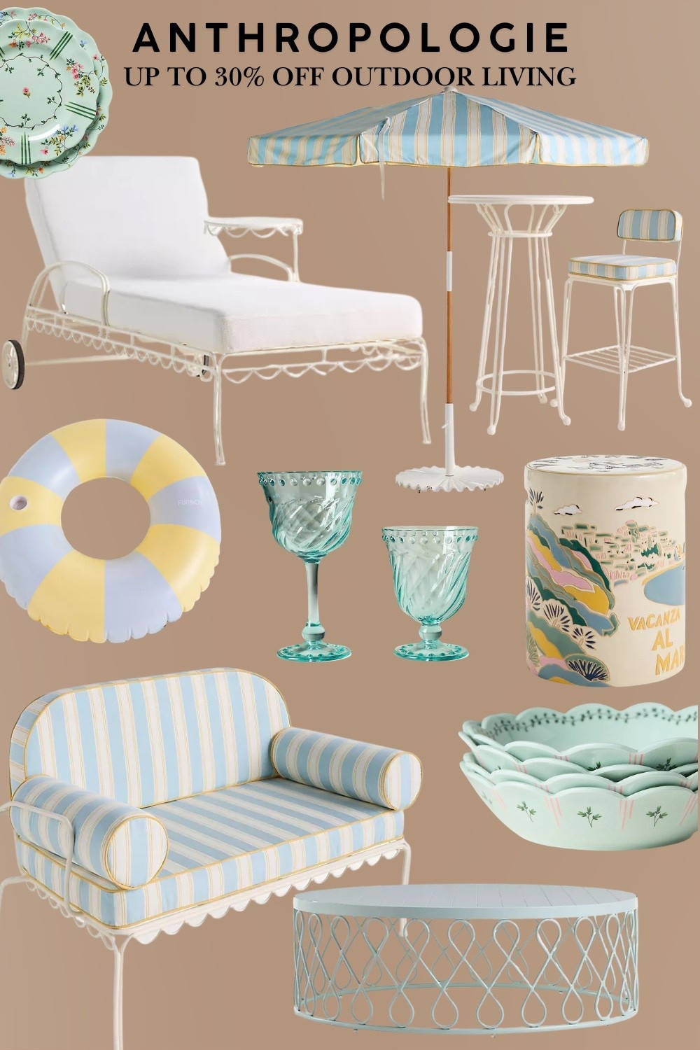 STOP SCROLLING!! Anthropologie has up to 30% off outdoor living right now and this collection looks like it belongs on the Amalfi Coast!! 🌊🤍 

I have been eyeing this outdoor collection for months and the fact that it's on SALE is the sign we all needed. Whether you have a full backyard, a balcony, or even just a patio corner — these pieces will transform your outdoor space into something truly magical this summer.


Here's everything in this collage:
🩵 Floral scallop salad plates
🩵 White iron scallop chaise lounge
🩵 Blue & white stripe patio umbrella with gold trim
🩵 White iron bistro bar table
🩵 Blue stripe cushion bar stool
🩵 Yellow & blue pool float ring
🩵 Teal swirl wine glasses (set of 2)
🩵 Vacanza Al Mare coastal candle
🩵 Blue & white stripe scallop outdoor sofa
🩵 Mint scallop nesting bowls
🩵 White iron lattice coffee table

The striped scallop sofa and that umbrella together?? An absolute DREAM outdoor setup. 

Everything is linked below — this sale won't last long and these pieces will sell out fast! Tap to shop!! 👇☀️







#anthropologie #anthropologiehome #anthropologieoutdoor #outdoorliving #patiodecor #patiofurniture #outdoorfurniture #outdoorstyle #backyard #backyardgoals #backyarddesign #patioinspo #outdoorentertaining #summerdecor #summerentertaining #homedecor #homedesign #interiordesign #exteriordesign #scallop #scallophome #coastaldecor #coastalhome #amalficoast #europeanstyle #italianstyle #vacanza #stripedfurniture #outdoorsofa #chaiselounge #summersale #salealert #30percentoff #dealalert #homesale #outdoorsale #giftsforher #hostessgift #housewarminggift #newhomedecor #LTKGiftGuide #LTKFindsUnder100 #LTKstyletip

#LTKHome #LTKSeasonal #LTKSaleAlert #LTKOver40 #LTKSeasonal #LTKHome #LTKSaleAlert