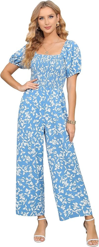 Love Welove Fashion Floral Jumpsuits for Women, casual Loose Romper Short Sleeve Smocked High Wai... | Amazon (US)