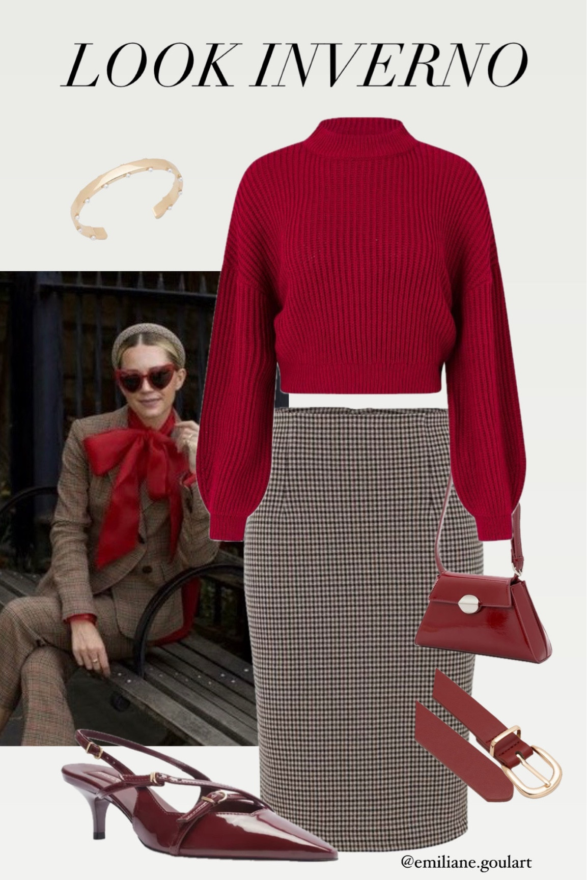 Saia alfaiataria comprimento até o joelho, com um Tricô quentinho vermelho
que trouxe um peso interessante para o look, e arrematamos com acessórios da mesma cor. ❤️