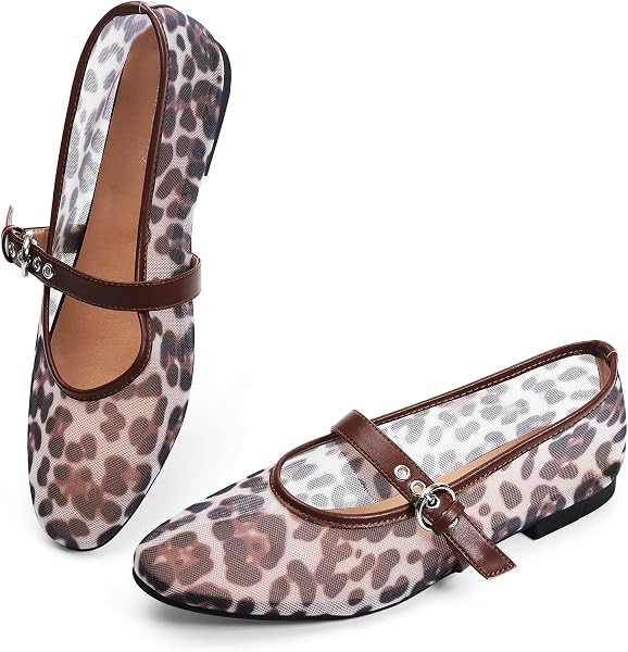 Leopard Flats for Women Mesh Ballet Flats Mary Jane Animal Print Shoes Slip On Casual Breathable ... | Amazon (US)