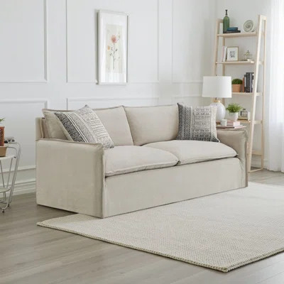 Savoir Sofa, 2 Accent Pillows, Contemporary Beige Linen Fabric 84 Inch | Wayfair North America