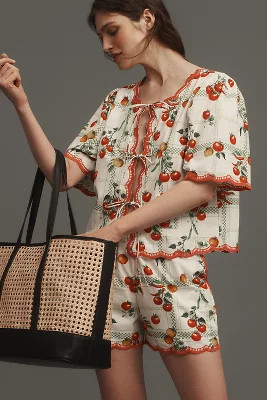 Maeve Veggie Bloom Short-Sleeve Tie-Front Blouse | Anthropologie (US)