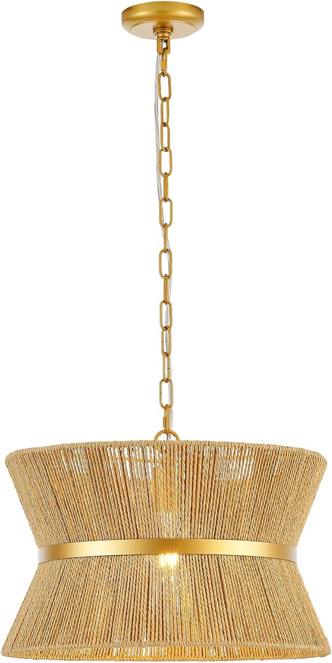 18” Hand Woven Rattan Boho Chandelier Brass Ajustable Pendant Light for Kitchen Island Living R... | Amazon (US)