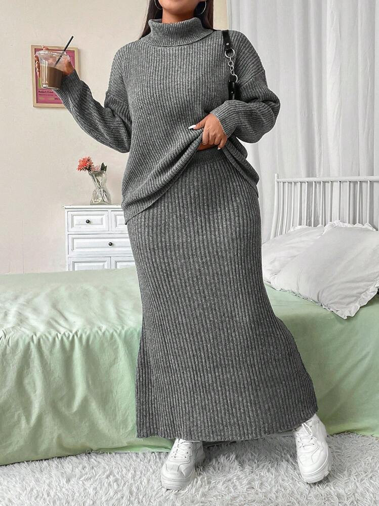 Flirla Plus Size Ribbed Knit Turtleneck Sweater And Fishtail Skirt 2-Piece Set, Autumn/Winter | SHEIN
