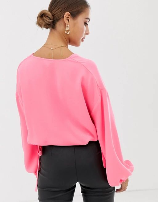 ASOS DESIGN long sleeve v neck top with elasticated waist detail in neon | ASOS US