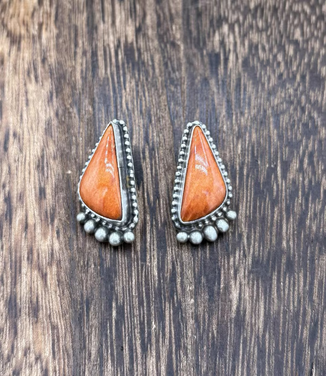 Native Navajo Handmade Sterling Silver Orange Spiny Oyster Post Stud Earrings | Etsy (US)