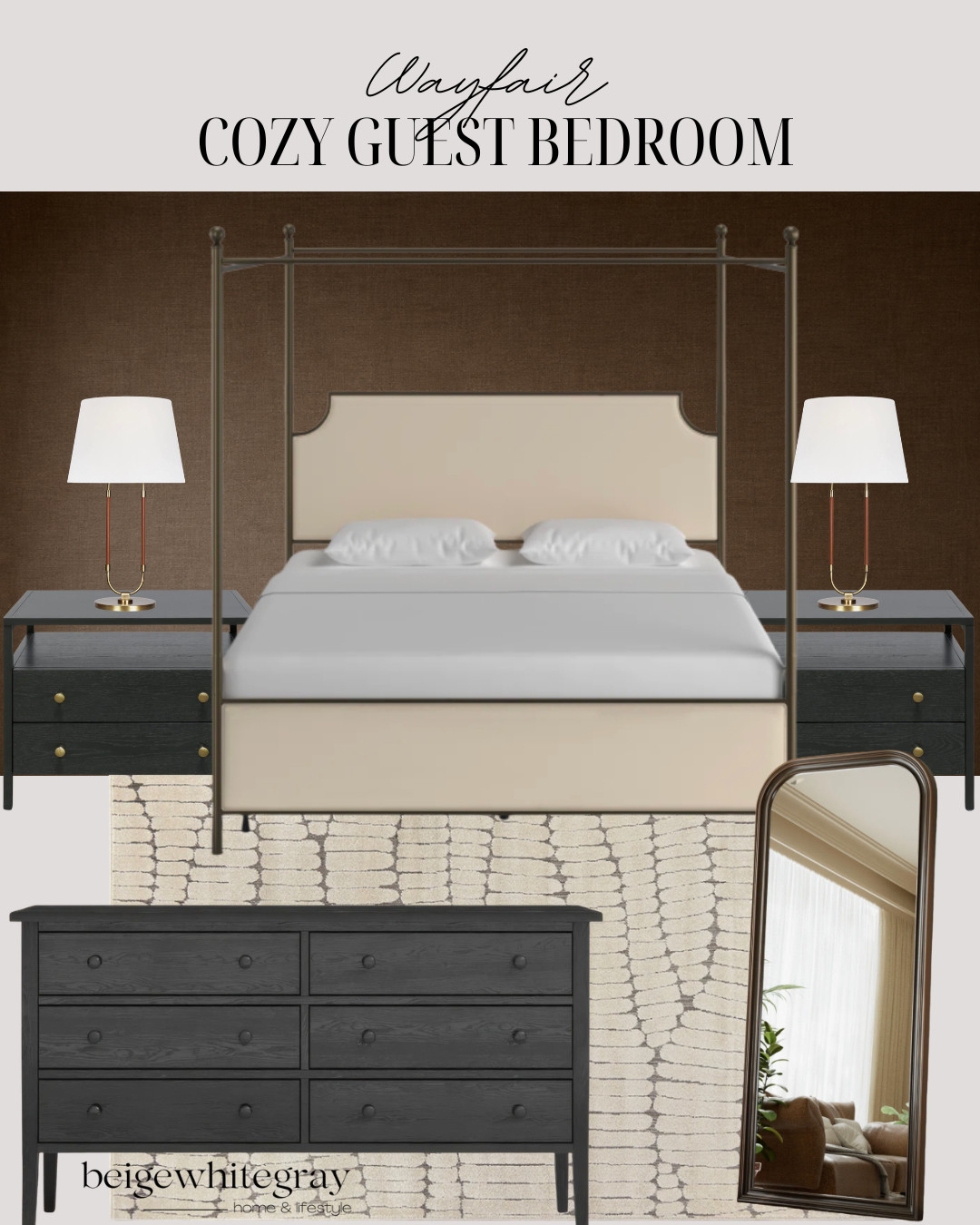 Wayfair bedroom furniture, Wayfair guest bedroom, cozy guest bedroom ideas, guest bedroom decor, brown bedroom decor, chocolate brown accent wall, textured brown wallpaper, neutral bedroom inspiration, four poster bed, canopy bed bedroom, black nightstands, black bedroom furniture, bedroom rug ideas, cozy bedroom styling, Wayfair home finds, elevated guest bedroom, modern traditional bedroom, warm neutral bedroom, bedroom makeover inspiration, designer bedroom ideas

#LTKHome