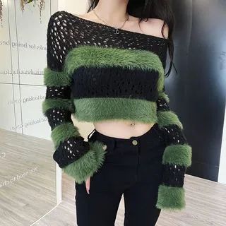 Long Sleeve Furry Panel Crochet-Knit Crop Sweater | YesStyle Global