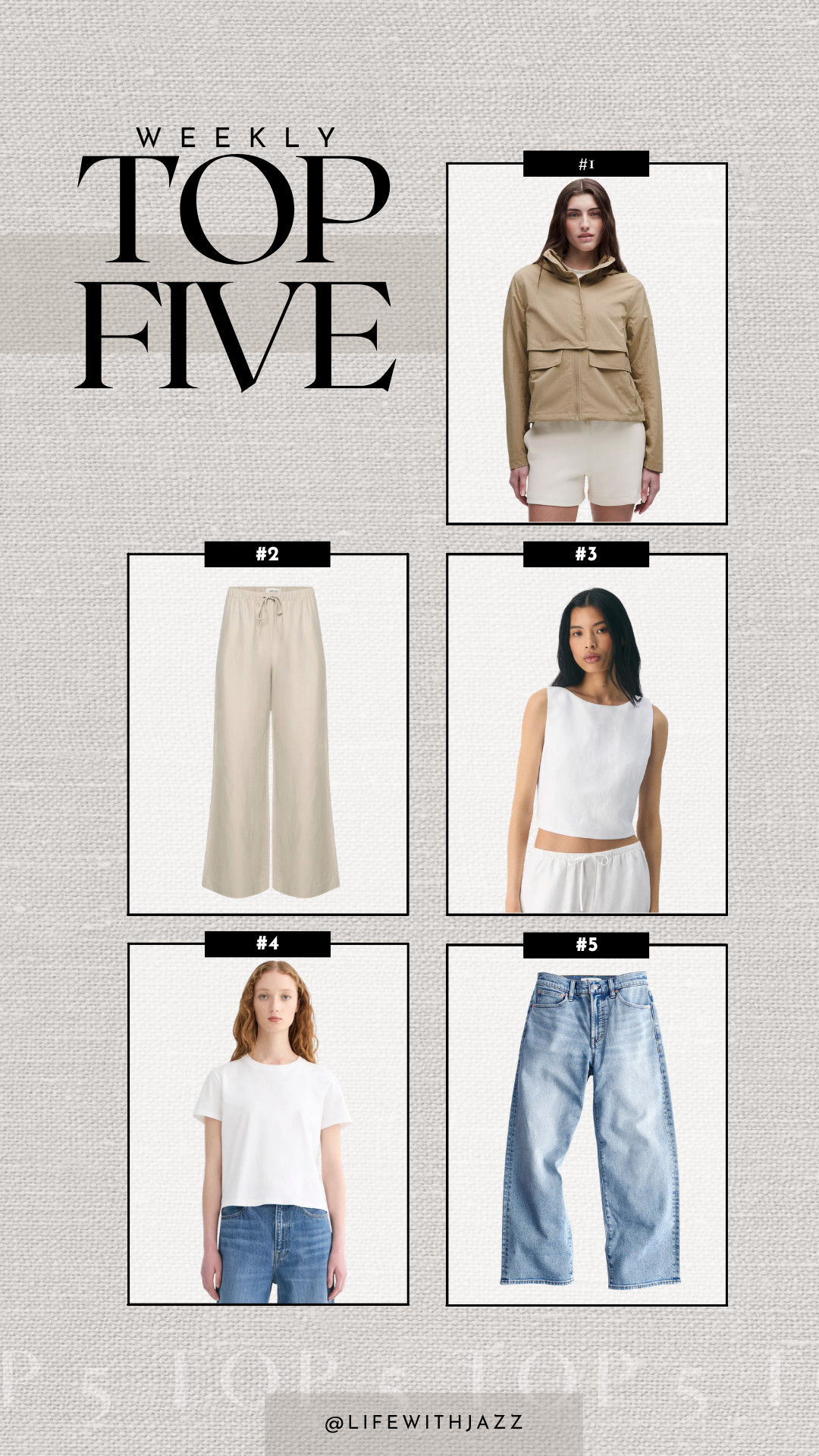 this week's top 5: 

1. lululemon always effortless jacket -- i got it in an xs, comes with a stowable hood, water + wind-resistant 
2. aritzia lodge linen pants -- comes in several colors + lengths
3. aritzia cruise linen top 
4. everlane tee -- one of my most recommended tees + comes in tons of colors 
5. madewell the pv wide leg crop jeans -- great for spring & summer, comes in 3 washes + several lengths 

 #LTKSeasonal