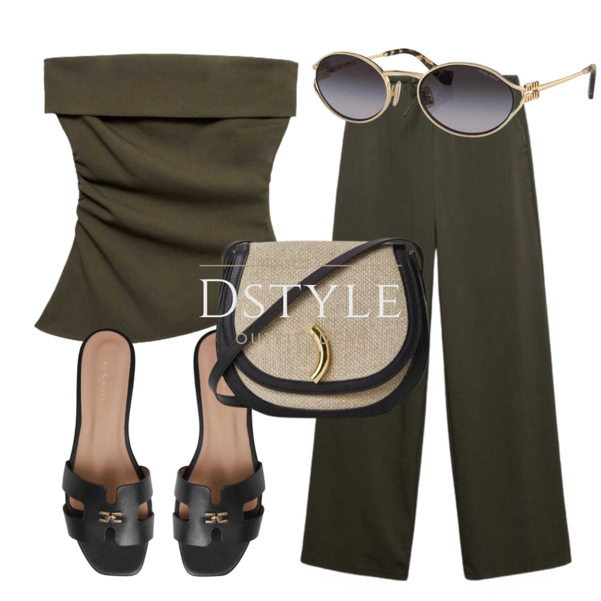 Khaki top and matching khaki trousers/ pants, black slide sandals, slides, flat sandals, sunglasses, black leather and beige fabric bag-currently 30% OFF

#LTKWorkwear #LTKSaleAlert #LTKStyleTip