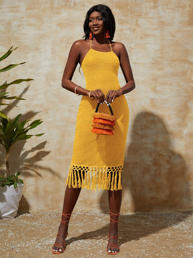 SHEIN BAE Lace Up Backless Slit Thigh Tassel Hem Bodycon Dress | SHEIN