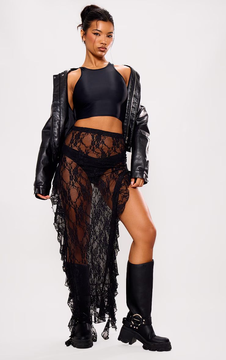 Black Lace Side Split Ruffle Detail Maxi Skirt | PrettyLittleThing US