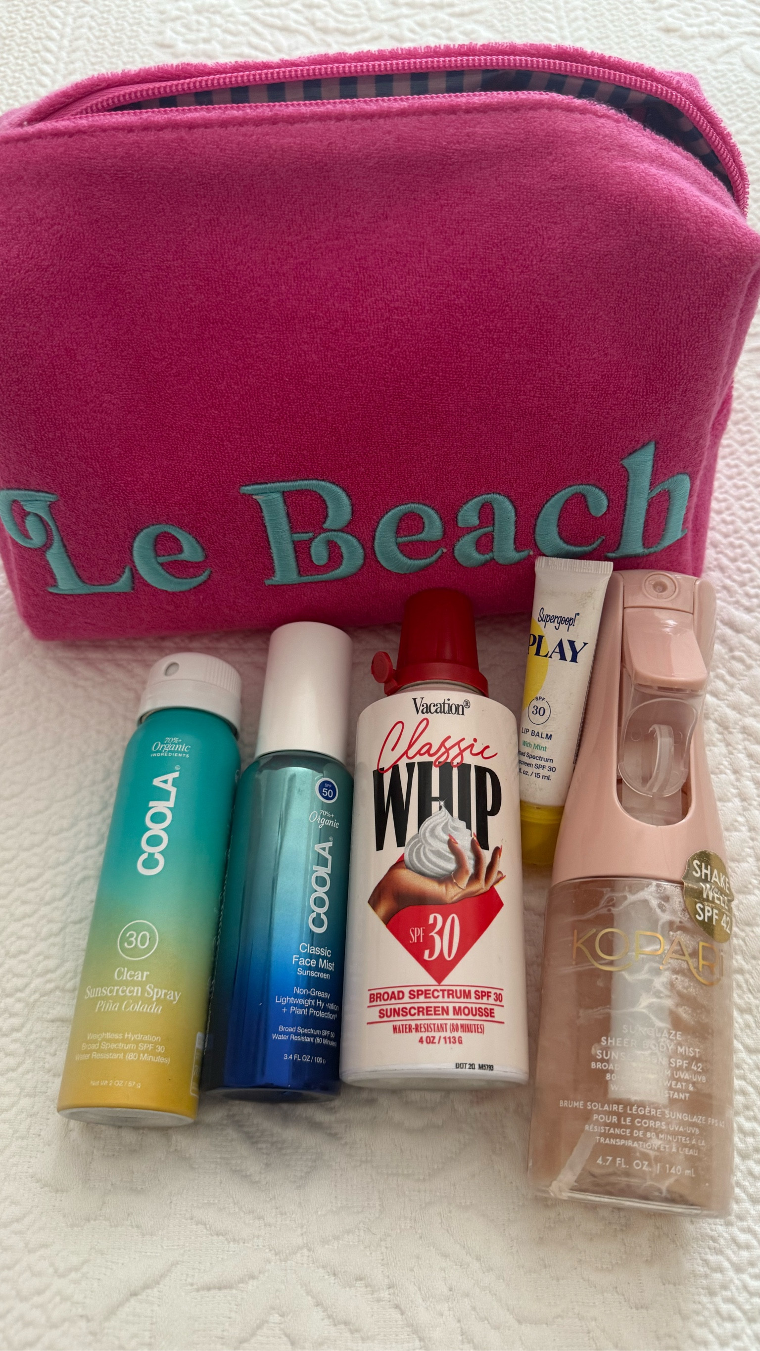 What’s in my beach bag? 
I love this LeBeach sunscreen pouch - it’s plastic inside for easy cleaning. 
The vacation whip sunscreen is so light and amazing! Love the Kompari shimmer spray, the application is so even and nice! 

#LTKSeasonal #LTKSwim #LTKTravel