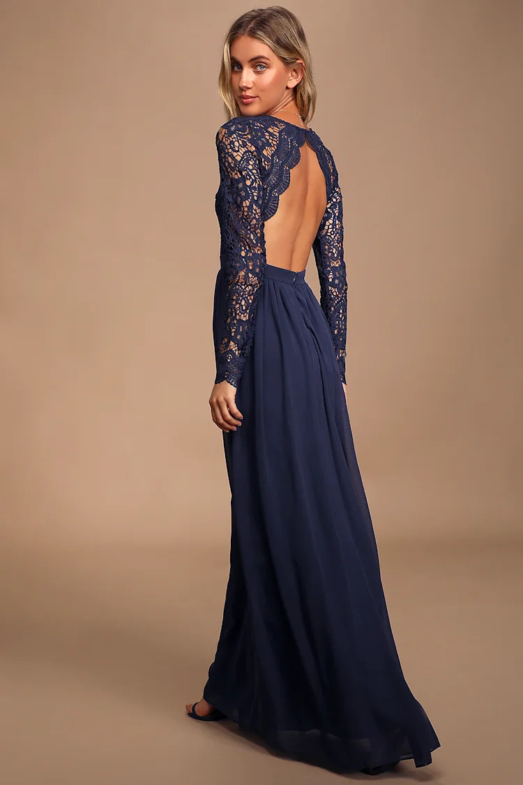 Awaken My Love Navy Blue Long Sleeve Lace Maxi Dress | Lulus (US)