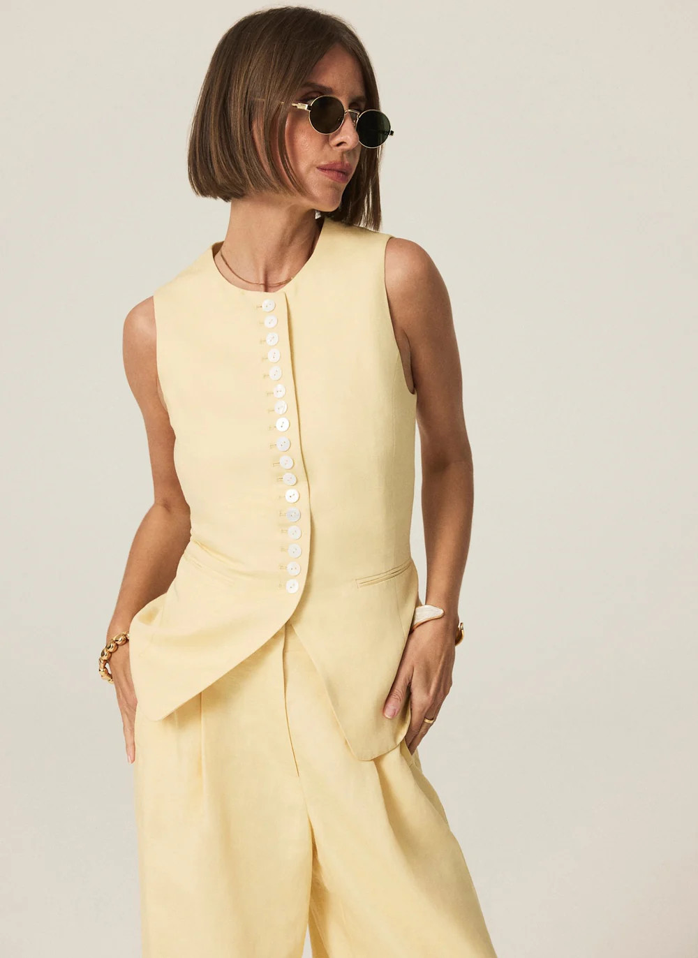 Yellow Linen Blend Longline Waistcoat | Mint Velvet