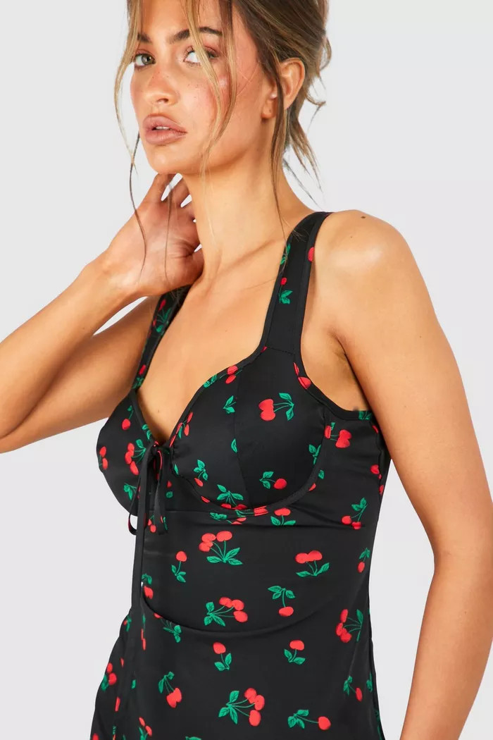 Cherry Print Satin Midaxi Dress | Boohoo.com (UK & IE)