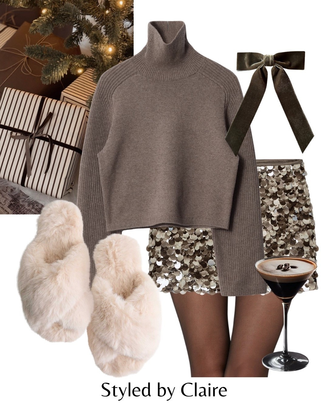 CHRISTMAS DAY INSPO🍾
Tags: Zara mini sequin skirt green brown boxy oversized turtleneck knit jumper H&M other stories tights 20 denier sheer fluffy slippers velvet bow fashion partywear party festive sparkle sparkly chic women’s style 

#LTKpartywear #LTKfestive #LTKstyletip