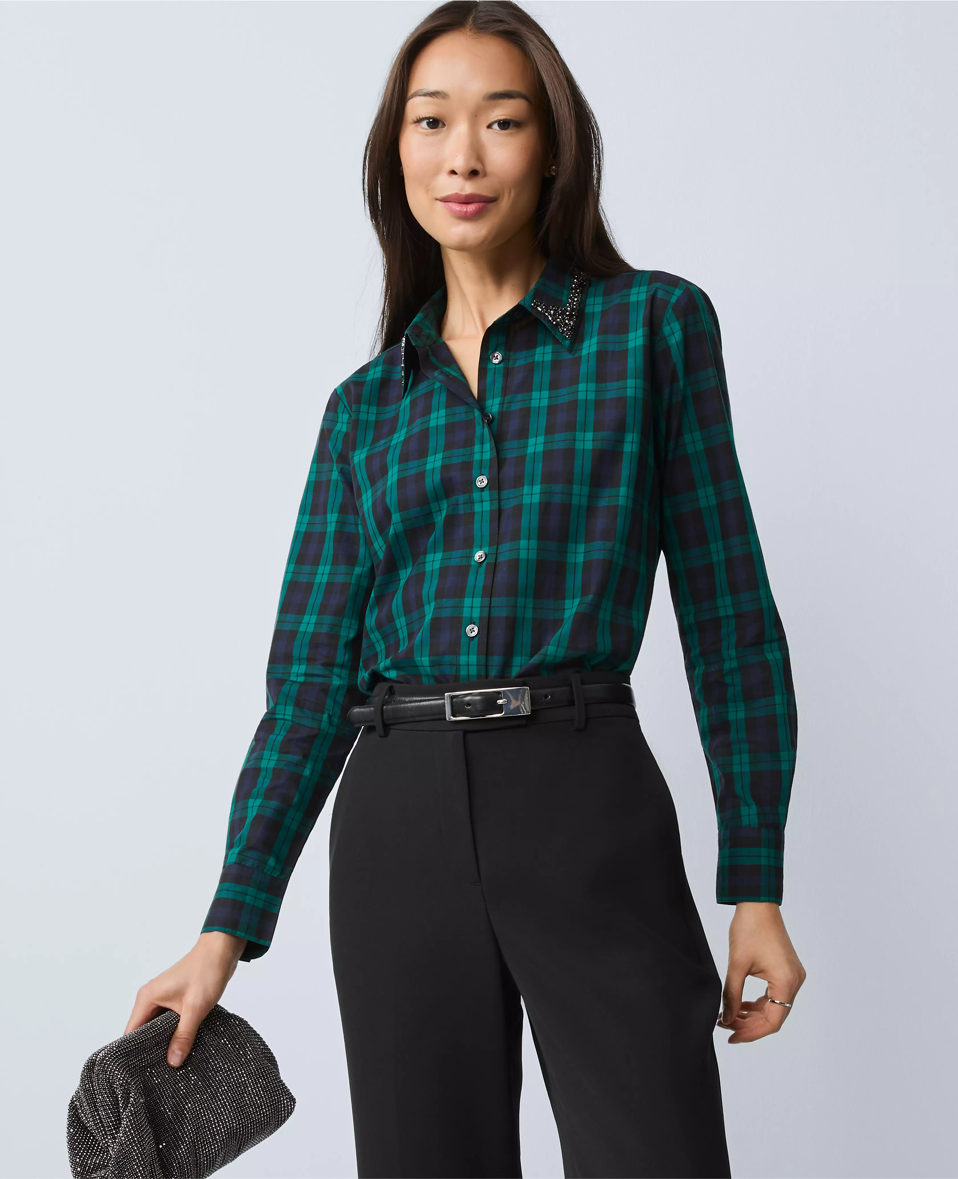 Embellished Plaid Relaxed Perfect Shirt | Ann Taylor