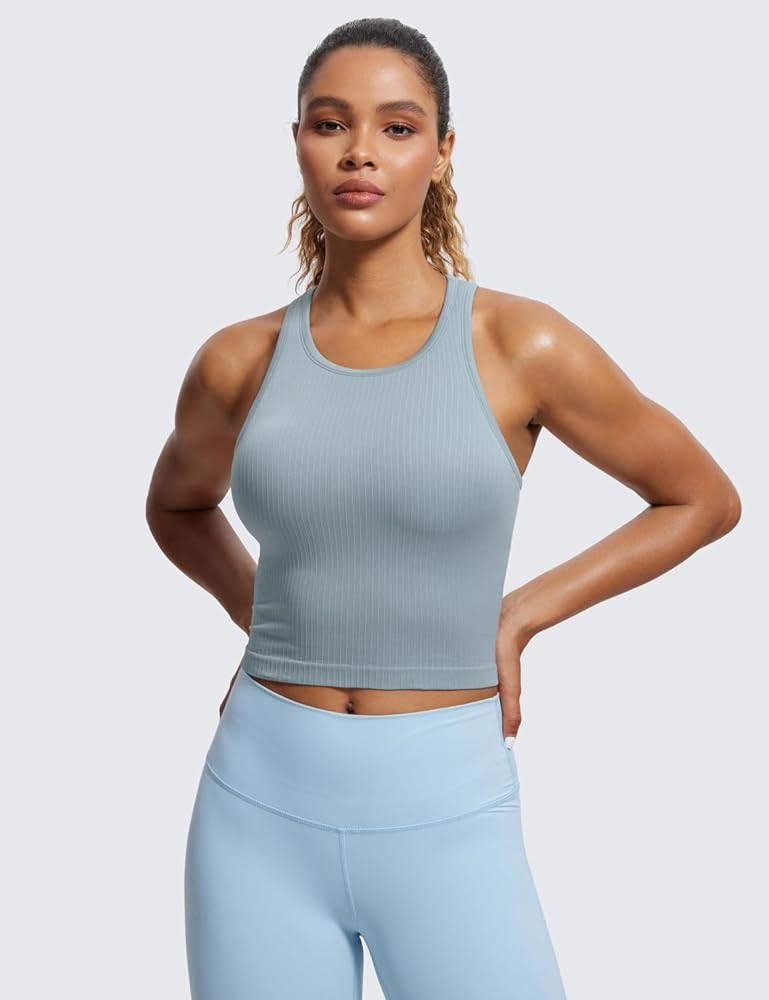CRZ YOGA Womens Seamless Ribbed Longline High Neck Sports Bra - Racerback Padded Slim Fit Crop Ta... | Amazon (US)