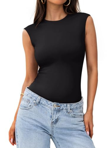 PINKMSTYLE Tank Top Bodysuit for Women Cute Crew Neck Double Lined Slim Fit Stretchy Going Out Thong Body suit Tops Black Small | Amazon (US)