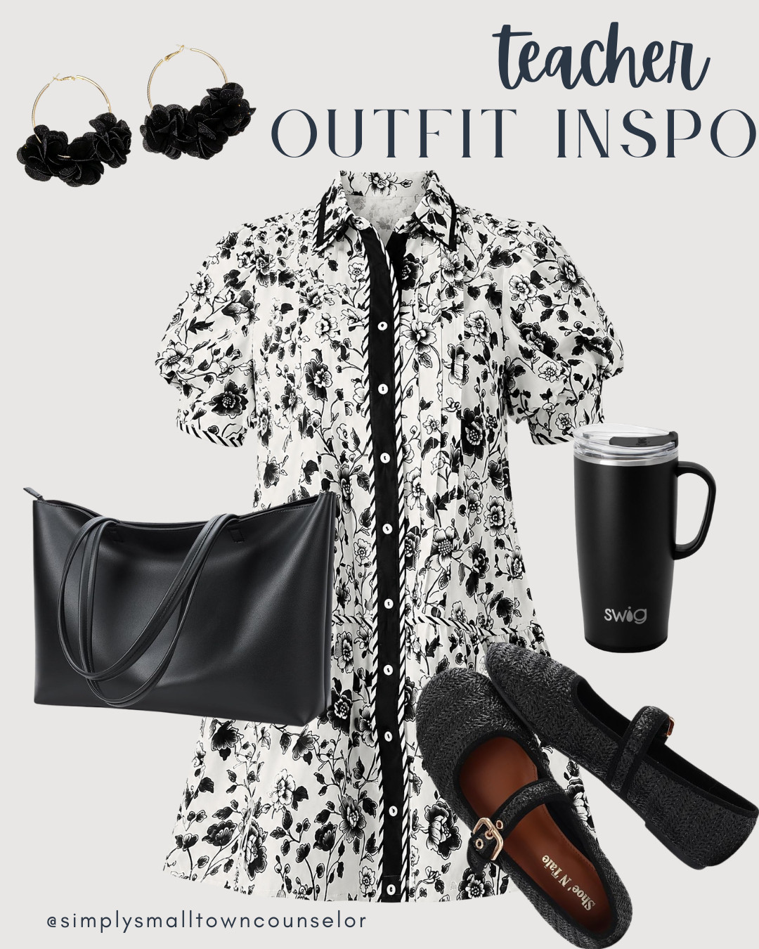 Teacher Outfit Inspo 🖤 This black and white floral dress is such a cute classroom-ready look! Add comfy Mary Janes, a roomy tote, and simple accessories for an easy school-day outfit. 🍎✏️📚 #teacheroutfit #teacherstyle #classroomstyle #backtoschooloutfit
 

 #LTKWorkwear