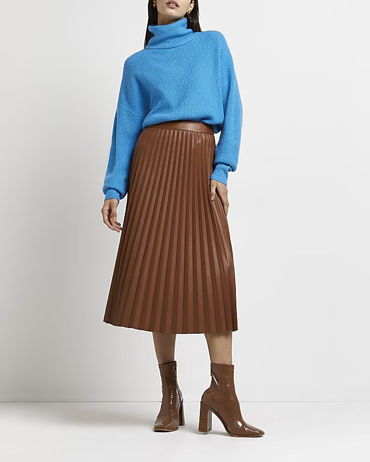 Brown faux leather pleated midi skirt | River Island (UK & IE)