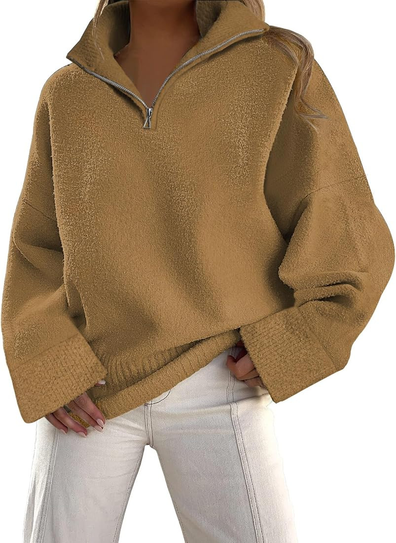 Women's Half Zip Sweater 2023 Fall Oversized V Neck Fuzzy Knit Chunky Warm Pullover Sweaters | Amazon (US)