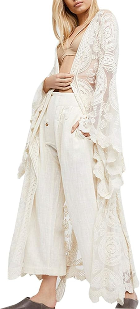 Itemnew Women's Summer Bell Sleeve Loose Transparent Lace Long Lingerie Cover Up Cardigan | Amazon (US)