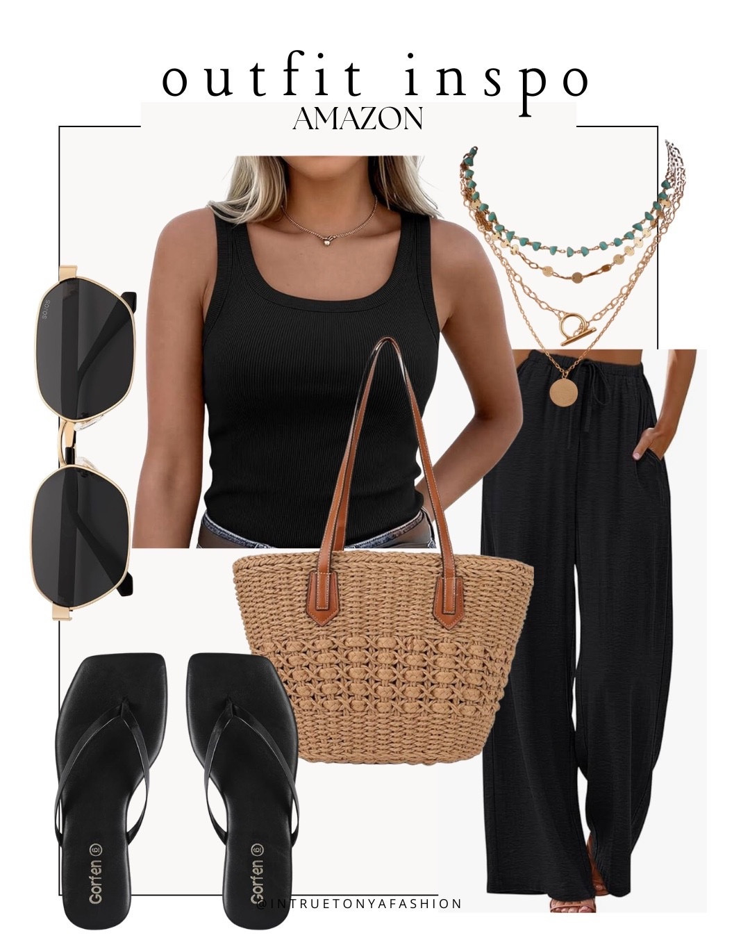 Casual summer outfit idea from amazon — black tank top, black linen pants, sandals, straw handbag, necklaces and sunglasses 








Amazon outfits, summer outfit inspo, outfit ideas, casual outfits amazon, amazon outfits every day, outfit ideas 2026, summer outfits

#LTKootd #LTKSaleAlert #LTKPetite