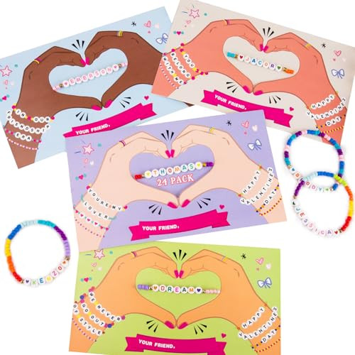 Thigreact Valentines Day Gifts for Kids - 24 Pack Valentines Cards with Personalized Name Bracelet Making Kit - Valentine Gift Exchange for Boys Girls Toddlers Class Classroom School Party Favors | Amazon (US)