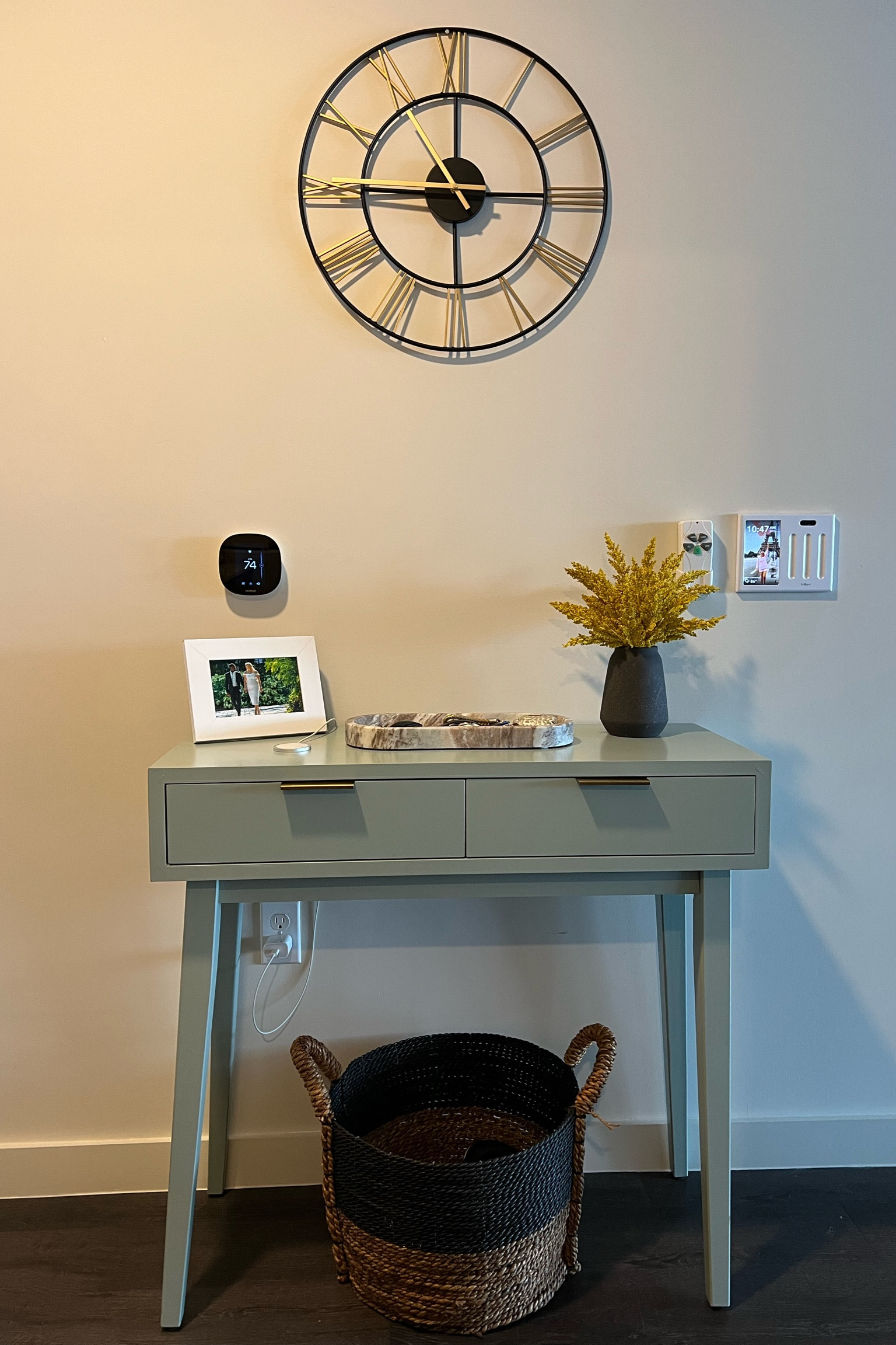 Entryway table decor 
Faux fall plant 
Marble tray 
Writing desk/table
Woven rattan Shoe basket 

#LTKstyletip #LTKhome