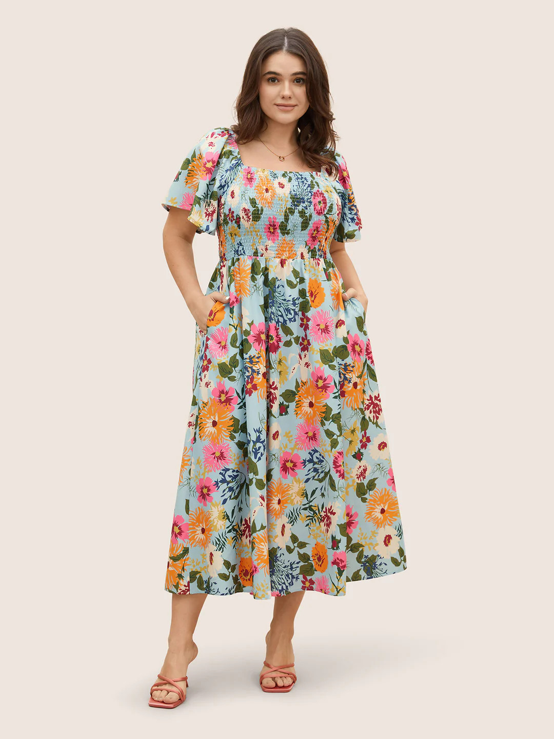 Floral Shirred Square Neck Pocket Midi Dress | Bloomchic