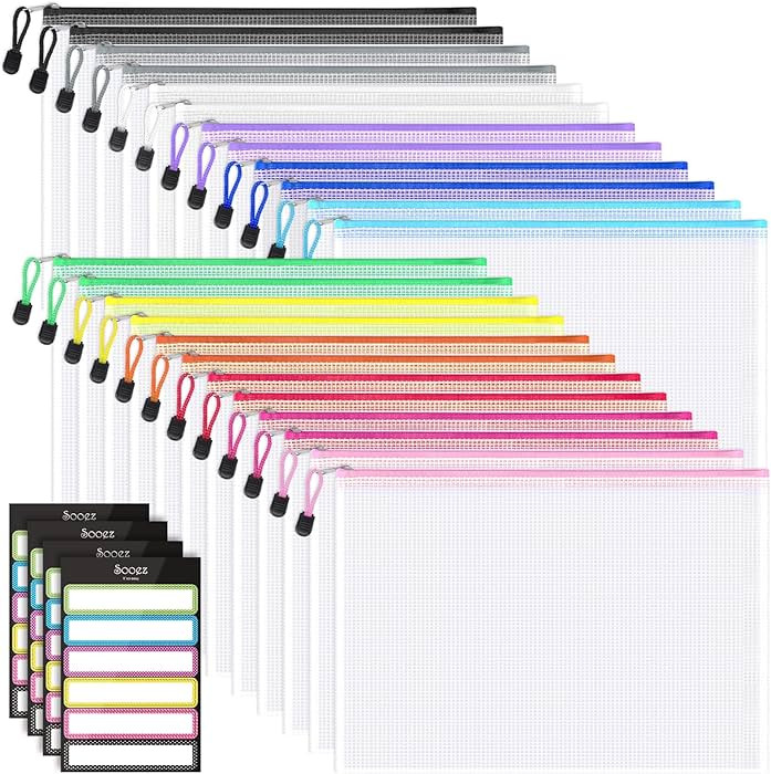 Sooez 24 Pack Mesh Zipper Pouch with Sticky Labels, A4 Size Mesh Bags for Board Game & Puzzles Or... | Amazon (US)
