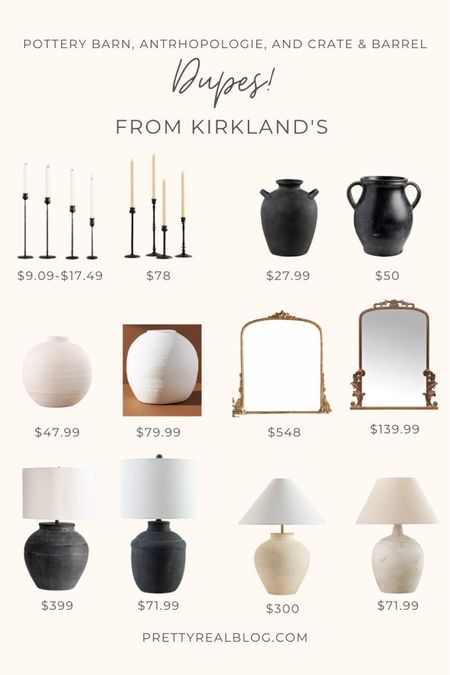 Dupes! Looks for less. Crate and barrel look for less, pottery barn look for less, Anthropologie look for less, black pottery vase, white lamp with tapered shade, gold scroll mirror, large round white vase, iron black candle holders, coffee table styling, table lamps, trendy home items 

#LTKunder100 #LTKhome #LTKsalealert
