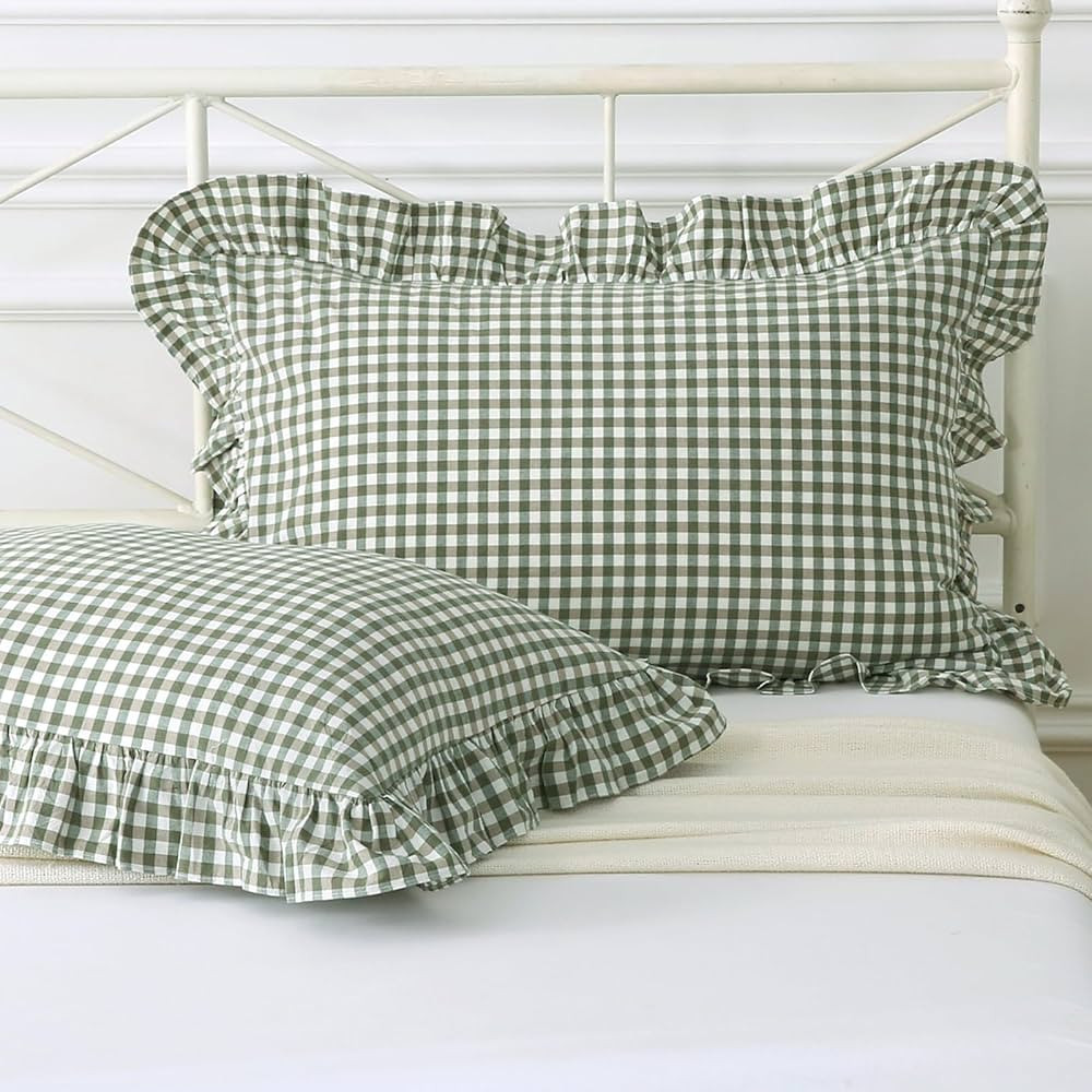 Green/White Plaid Ruffled Queen Size Pillow Covers Pillow Shams Washed Cotton Shabby Checkered Gi... | Amazon (US)