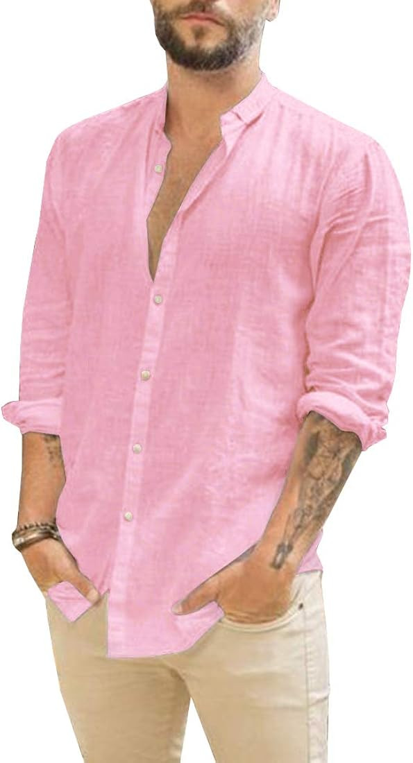 Men's Casual Button Down Cotton Linen Shirts Long Sleeve Band Collar Beach Shirt Top | Amazon (US)