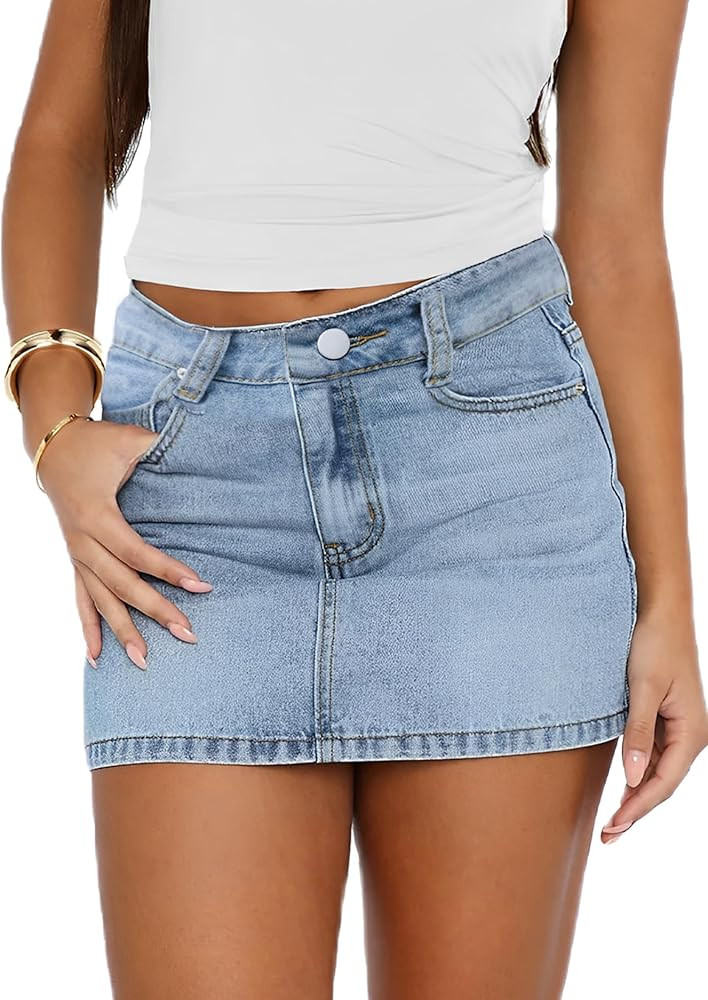 Womens Denim Skirt Casual Mini Jean Skirt Stretch Low Waist Jean Skirt for Women Zip Fly Denim Mi... | Amazon (US)