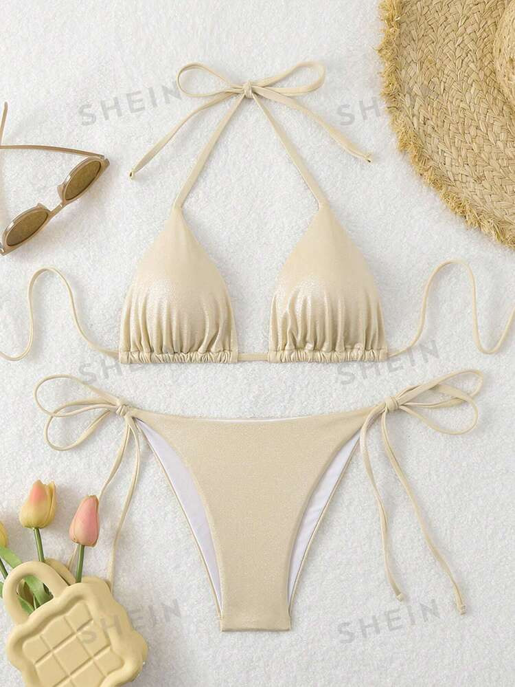 SHEIN Swim Women Summer Beach Solid Halter Neck Simple And Fashionable Bikini Set For Vacation | SHEIN