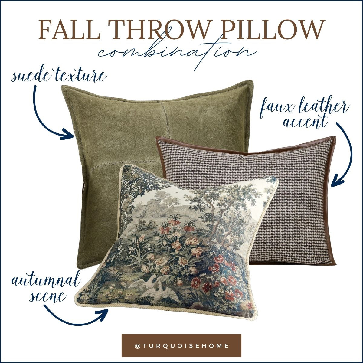 If you love fall decor without the pumpkins, try this pillow combination! An olive suede-look pillow adds warmth, the houndstooth brings in a classic pattern, and the scenic print ties it all together. I love how these textures make a sofa feel ready for cooler days. 

 #LTKSeasonal #LTKHome