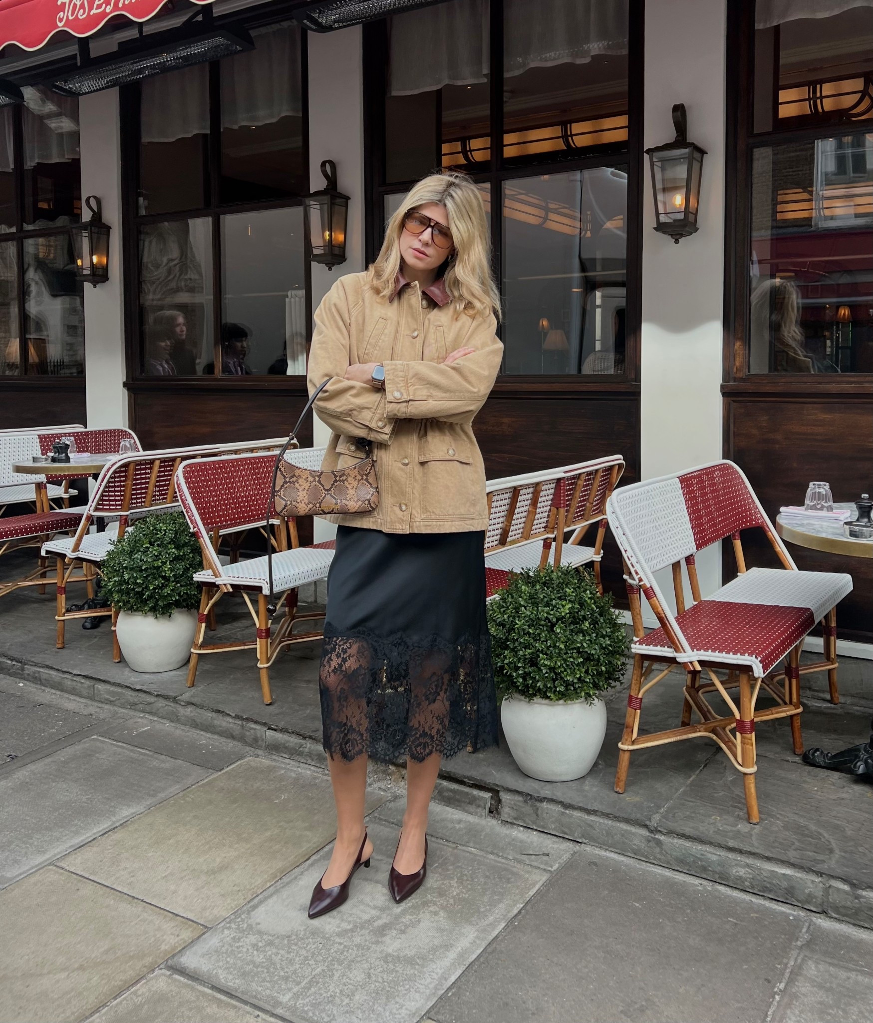 Sezane jacket, spring jacket, barn jacket, slip skirt, lace trim skirt, cashmere cardigan, Sezane shoes, sling backs, ysl sunglasses, Jacquemus bag 

#LTKspring #LTKootd #LTKOver40